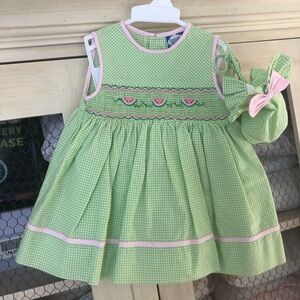 Carriage Boutique Baby 3 Piece Smocked Dress & Bonnet Green White Watermelon 9mo